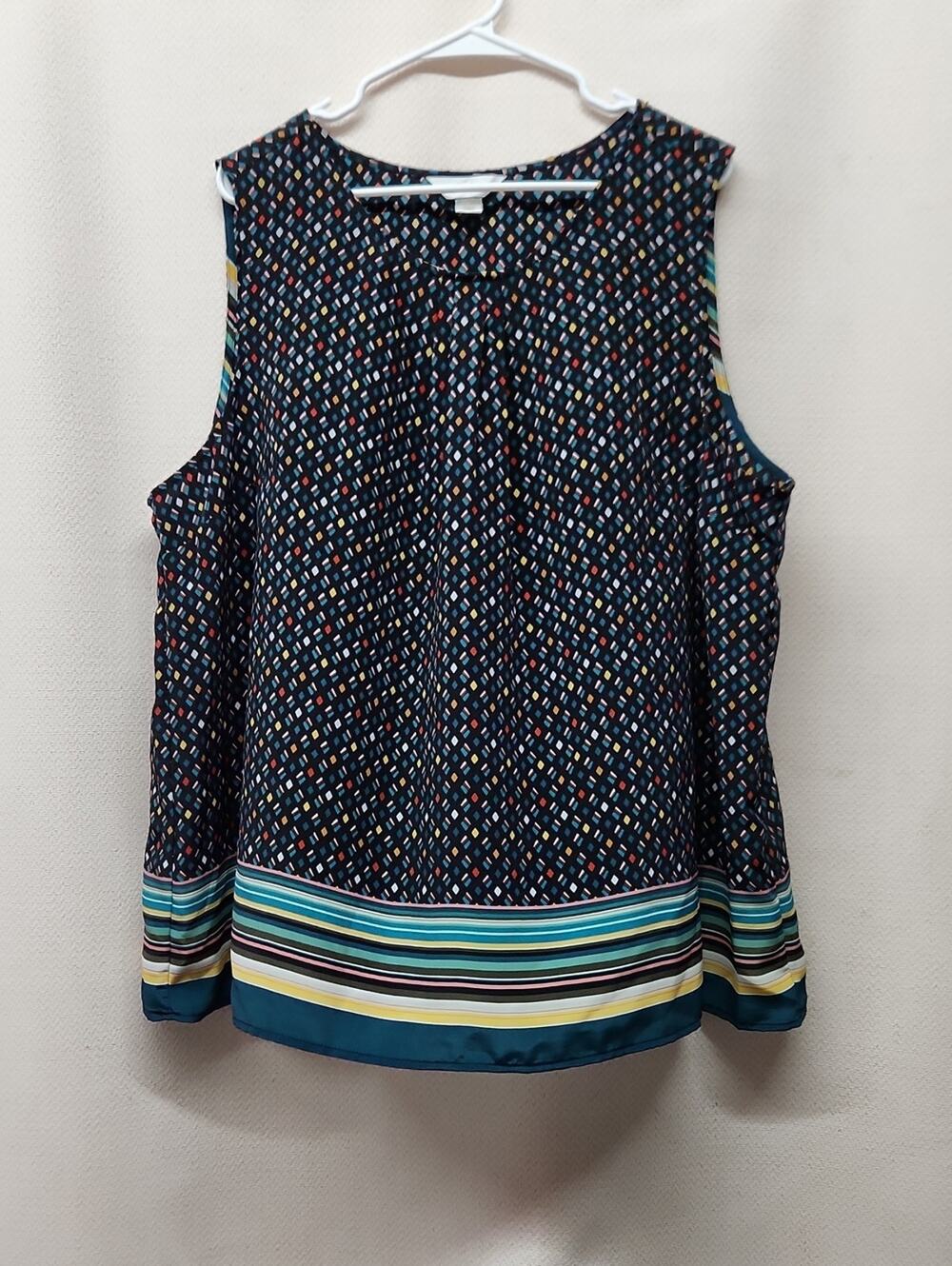 CJ Banks Navy Multi-Print Sleeveless Camisole with Striped Hem